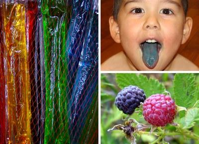 Three images: upper left - child with a tongue stained 蓝色的; lower left - black raspberries ripening; right - multi colored ice pops