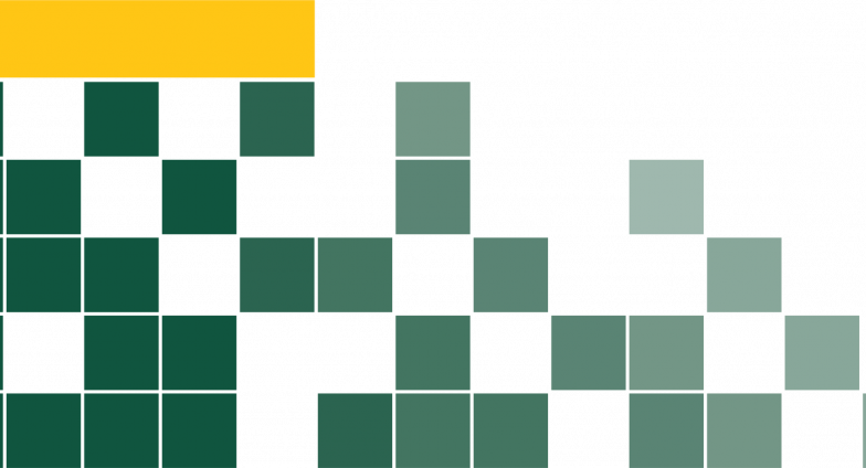 由几个深绿色块和浅灰色块穿插而成的图形. 图像右侧上方有一个狭窄的金色矩形.